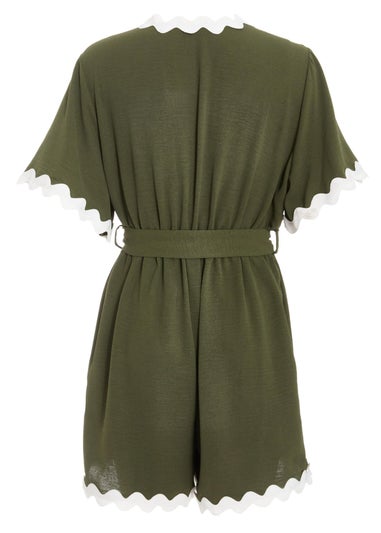 Quiz Khaki Wavy Trim Wrap Playsuit