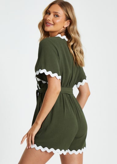 Quiz Khaki Wavy Trim Wrap Playsuit