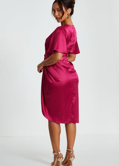 Quiz Red Petite Satin Ruched Wrap Midi Dress