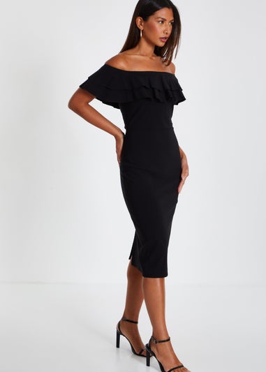 Quiz Black Bardot Ruffle Midi Bodycon Dress