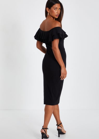 Quiz Black Bardot Ruffle Midi Bodycon Dress