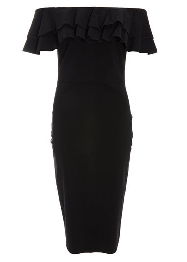 Quiz Black Bardot Ruffle Midi Bodycon Dress