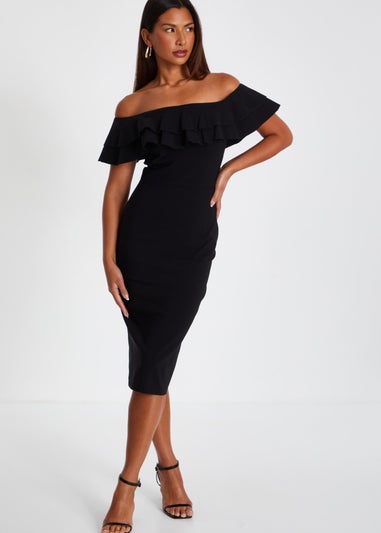 Quiz Black Bardot Ruffle Midi Bodycon Dress