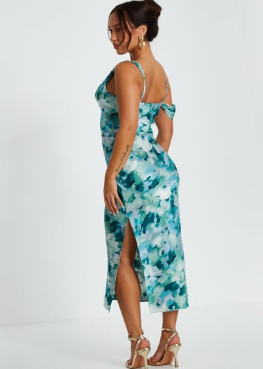 Quiz Blue Petite Floral Satin Asymmetric Midaxi Dress