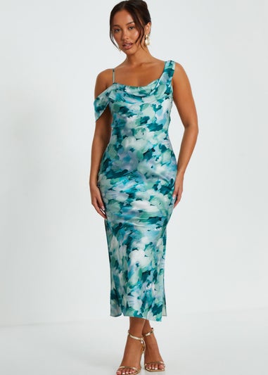 Quiz Blue Petite Floral Satin Asymmetric Midaxi Dress