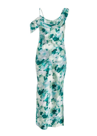 Quiz Blue Petite Floral Satin Asymmetric Midaxi Dress