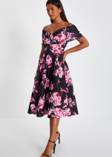 Quiz Black Floral Bardot Skater Midi Dress