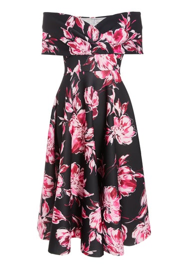 Quiz Black Floral Bardot Skater Midi Dress