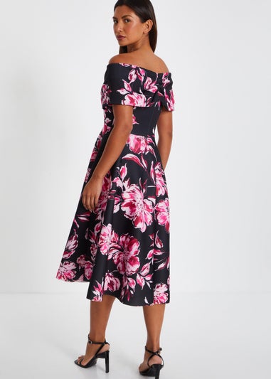 Quiz Black Floral Bardot Skater Midi Dress