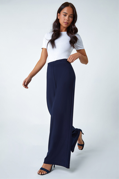 Roman Petite Navy Petite Wide Leg Stretch Trousers Jersey Palazzo Pants