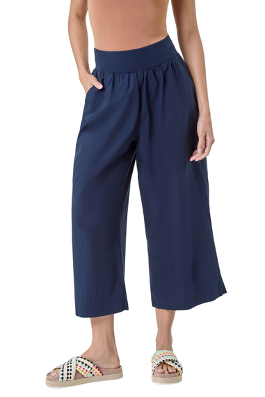 Roman Navy Elastic Waist Wide Leg Cotton Cropped Culottes