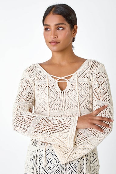 Roman Ivory Crochet Tie Front V-Neck Tunic Top