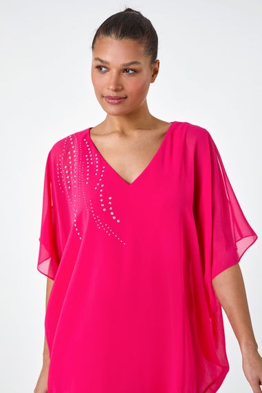 Roman Cerise Embellished Cold Shoulder Overlay Dress