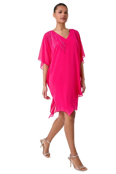 Roman Cerise Embellished Cold Shoulder Overlay Dress