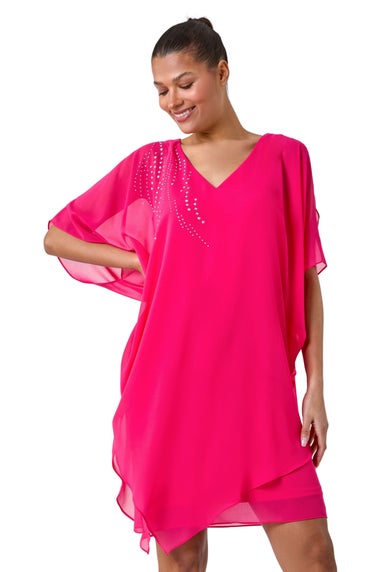 Roman Cerise Embellished Cold Shoulder Overlay Dress