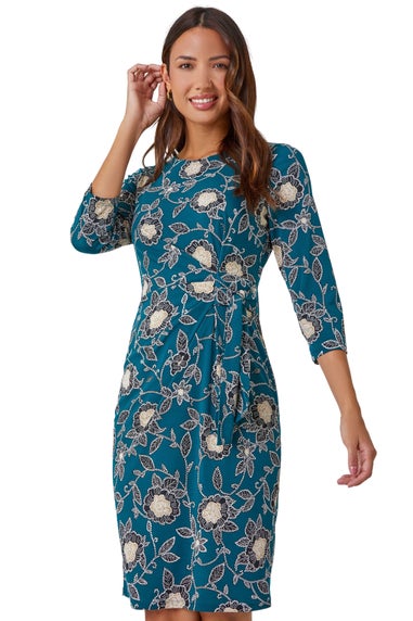 Roman Teal  Floral Print Ruched Stretch Dress