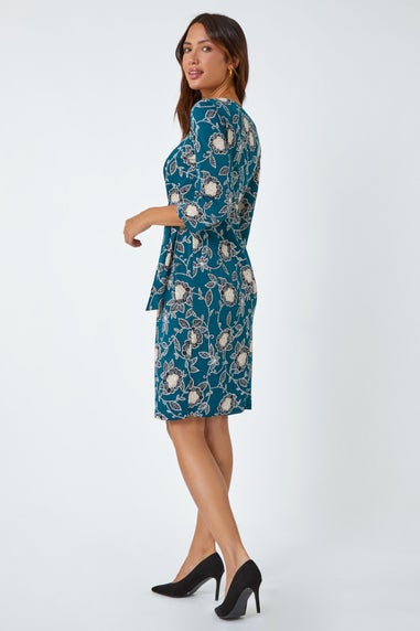 Roman Teal  Floral Print Ruched Stretch Dress