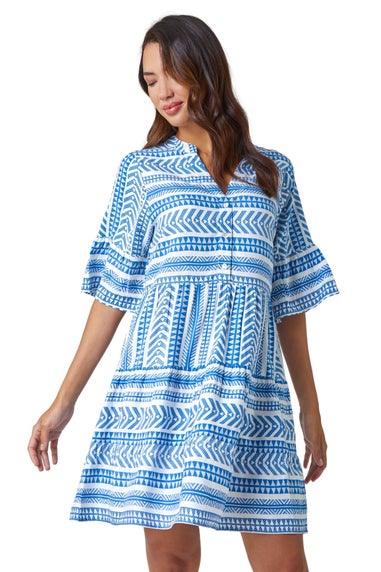 Roman Blue Aztec Print Smock Dress - Matalan