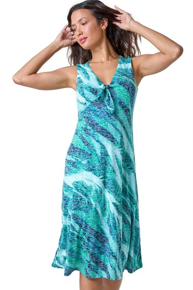 Roman Green Burnout Abstract Knot Front Stretch Dress