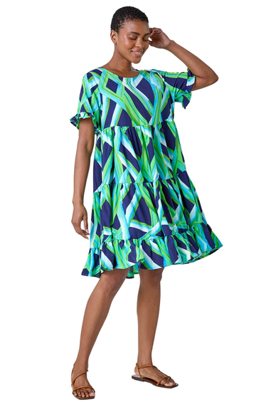 Roman Green Abstract Print Tiered Smock Dress