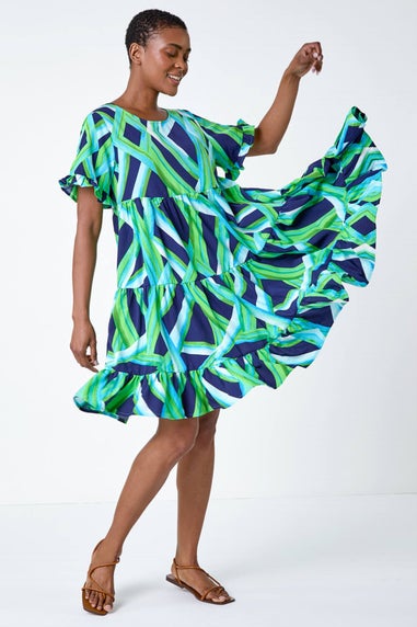 Roman Green Abstract Print Tiered Smock Dress