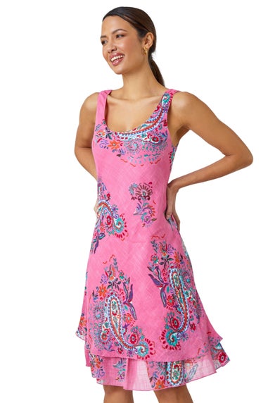 Roman Pink Paisley Print Cotton Layered Dress