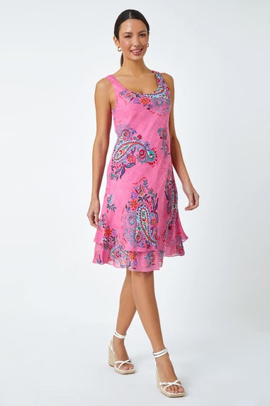 Roman Pink Paisley Print Cotton Layered Dress