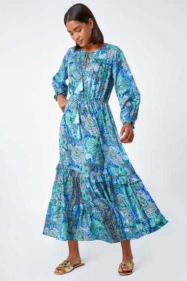 Roman Blue Paisley Print Tassel Frill Hem Maxi Dress