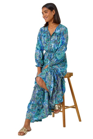 Roman Blue Paisley Print Tassel Frill Hem Maxi Dress