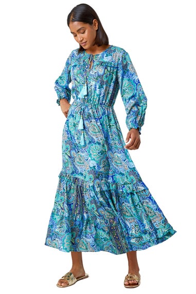 Roman Blue Paisley Print Tassel Frill Hem Maxi Dress