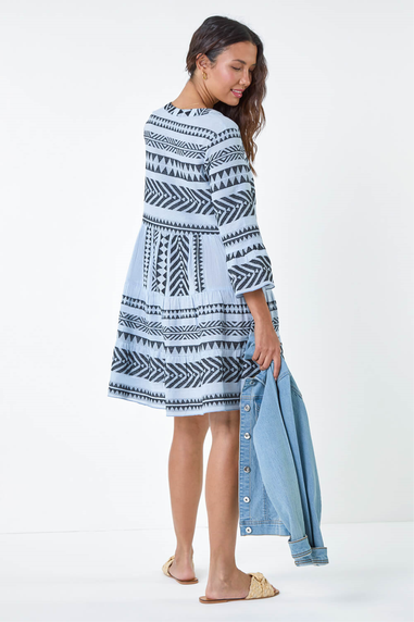 Roman Light Blue Aztec Print Cotton Smock Dress