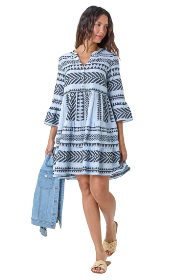 Roman Light Blue Aztec Print Cotton Smock Dress