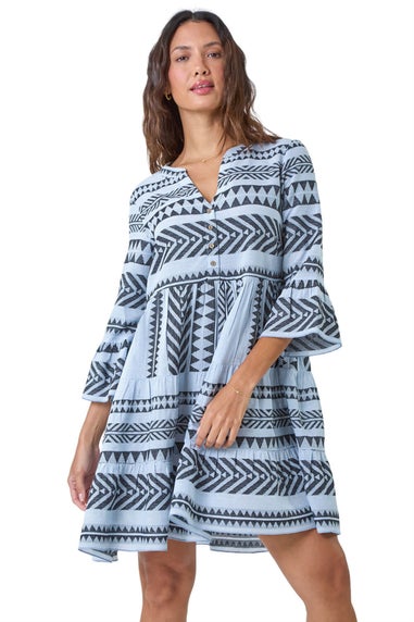 Roman Light Blue Aztec Print Cotton Smock Dress