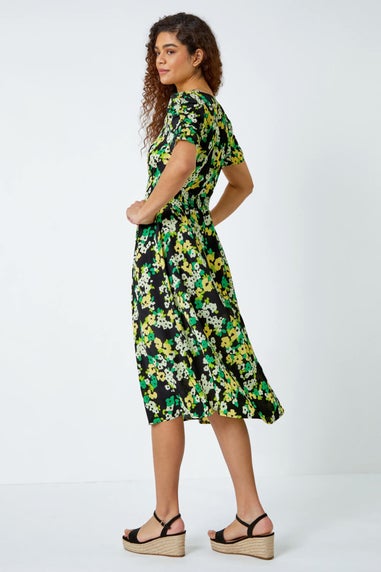 Roman Green Ditsy Floral Ruched Sleeve Midi Dress