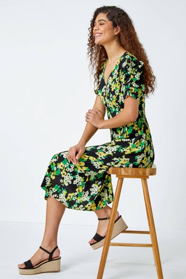 Roman Green Ditsy Floral Ruched Sleeve Midi Dress - Matalan