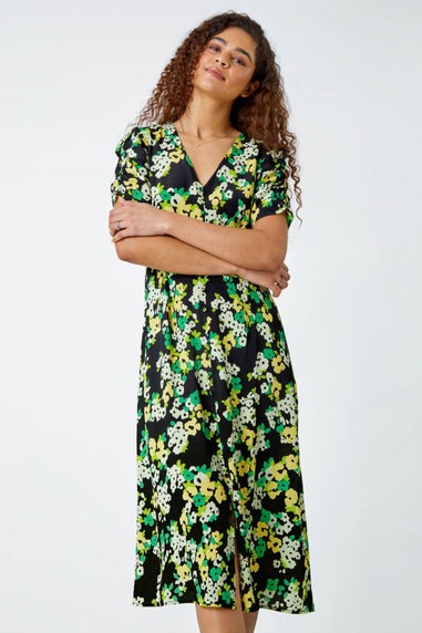 Roman Green Ditsy Floral Ruched Sleeve Midi Dress - Matalan