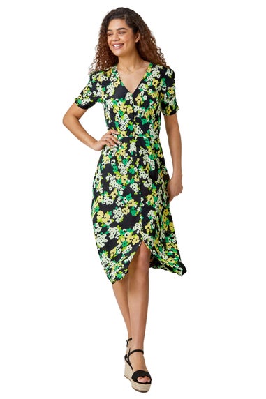 Roman Green Ditsy Floral Ruched Sleeve Midi Dress