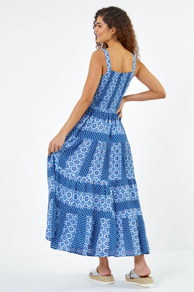 Roman Blue Printed Shirred Bodice Maxi Dress