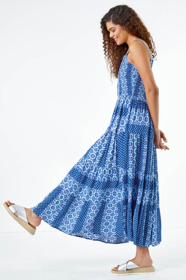Roman Blue Printed Shirred Bodice Maxi Dress
