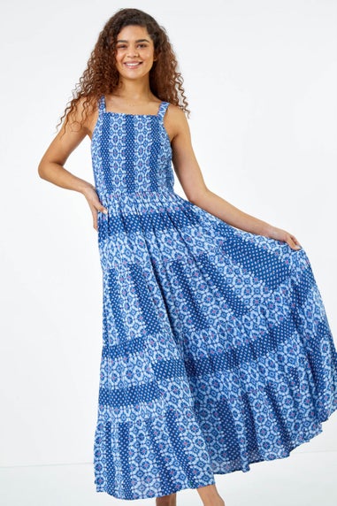 Roman Blue Printed Shirred Bodice Maxi Dress