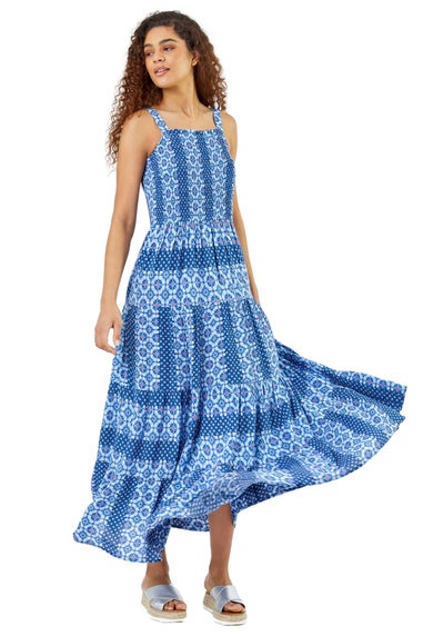 Roman Blue Printed Shirred Bodice Maxi Dress