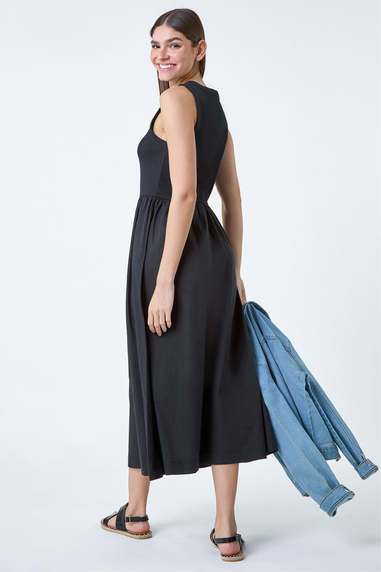 Roman Black Cotton Stretch Jersey Mix Midi Dress