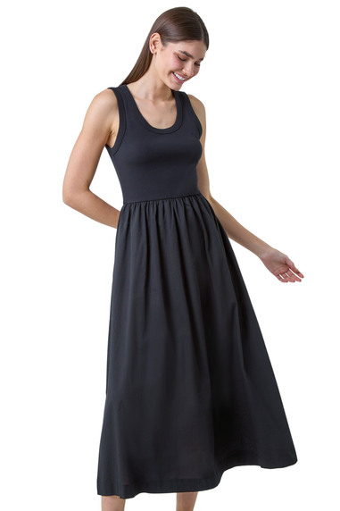 Roman Black Cotton Stretch Jersey Mix Midi Dress