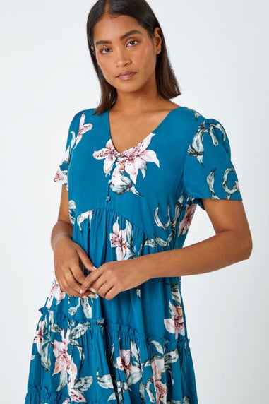 Roman Teal Floral Print Tiered Mini Dress