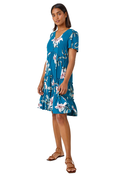 Roman Teal Floral Print Tiered Mini Dress