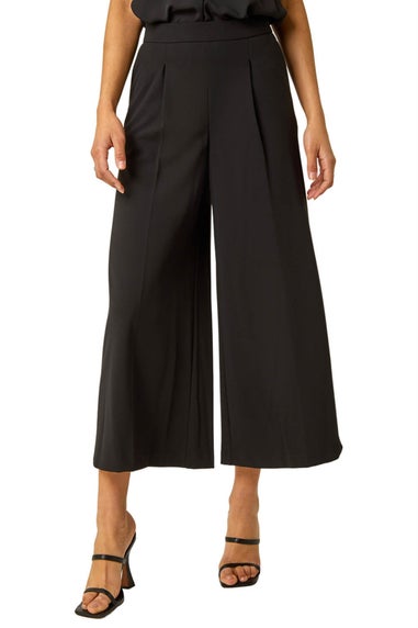 Roman Black Elastic Waist Wide Leg Cropped Culottes