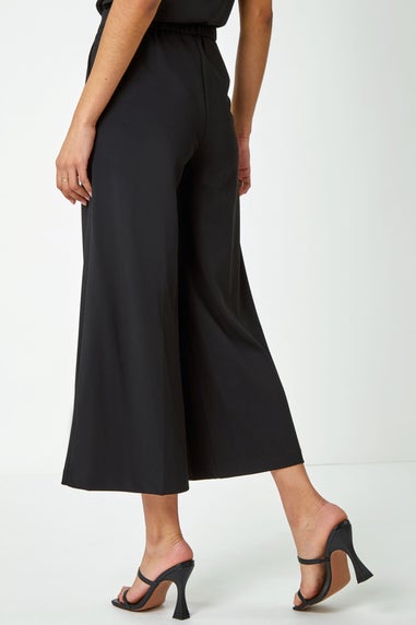 Roman Black Elastic Waist Wide Leg Cropped Culottes