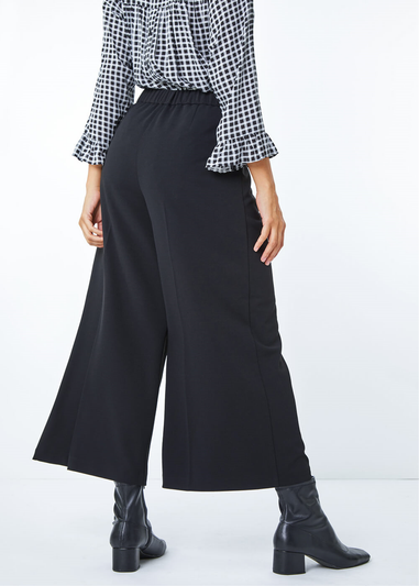 Roman Black Elastic Waist Wide Leg Cropped Culottes