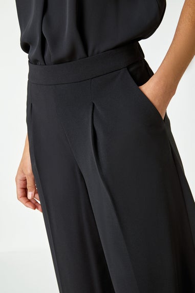 Roman Black Elastic Waist Wide Leg Cropped Culottes