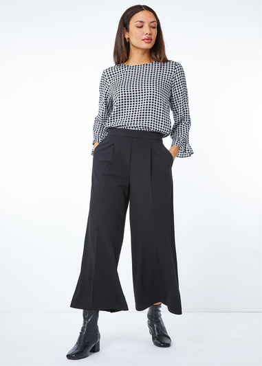 Roman Black Elastic Waist Wide Leg Cropped Culottes